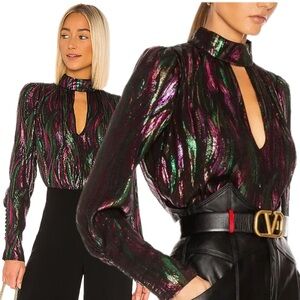 SALONI Silk Tania Black Green Pink Metallic Iridescent Long Sleeve Blouse Top